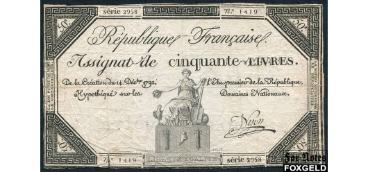 Франция Republique francaise 50 ливров 1792 Подпись - Nyon F P:A72 5500 РУБ