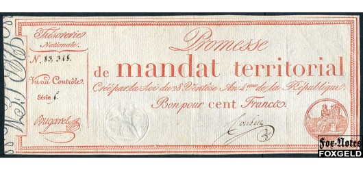 Франция Mandats Territorial 100 франков 1796  VF P:А84b 6000 РУБ
