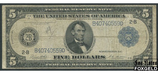 США Federal Reserve Note 5 долларов 1914 Series of 1914 Sign. White Mellon  B2 (FRB New York) VG+ Fr851A 6200 РУБ