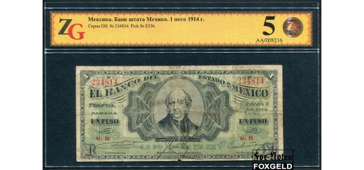Мексика Banco del Estado de Mexico 1 песо 1914 Слаб ZG 15 ChF P:S336 5000 РУБ