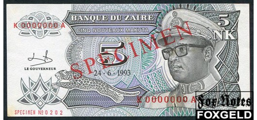 Заир 5 новых макут 1993 SPECIMEN Образец aUNC P:48 3000 РУБ