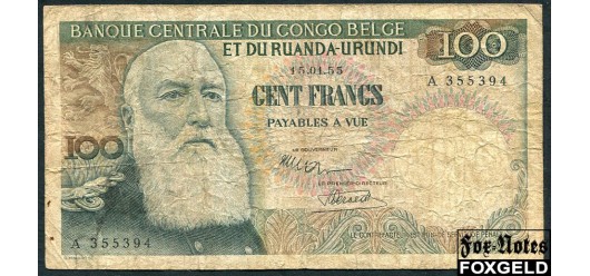 Бельгийское Конго Banque Centrale du Congo Belge et du Ruanda-Urundi 100 франков 1955 15.01.55.. VG - aF P:33a 5000 РУБ