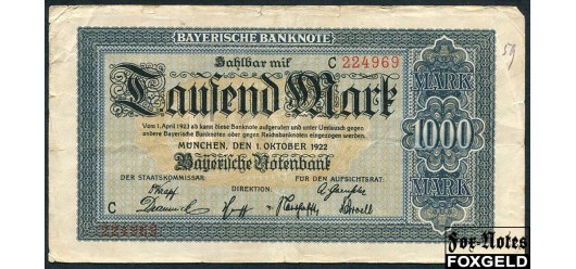 Bayerische Notenbank 1000 Mark 1922  VG-aF BAY5a 950 РУБ