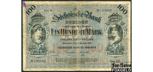 Sachsischen Bank zu Dresden 100 Mark 1911  VG+ SAX8a 2000 РУБ