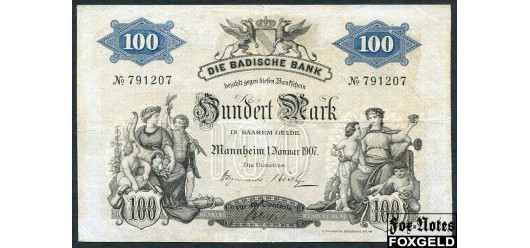 Badische Bank 100 Mark 1907 Bankschein. 1. Januar 1907 с указанием типографии F-aVF BAD5a 3000 РУБ
