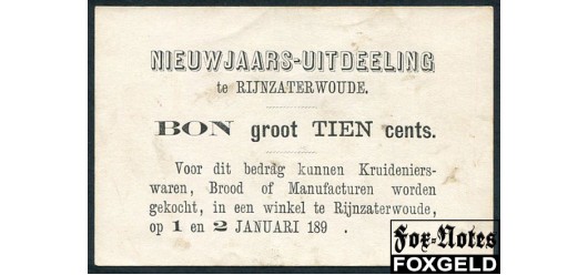 Нидерланды Rijnzaterwoude NIEUWJAARS-UITDEELING 10 центов 1893  aUNC  3000 РУБ