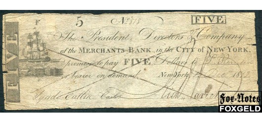 Merchants Bank city of New York США 5 долларов 1812  VG  9500 РУБ