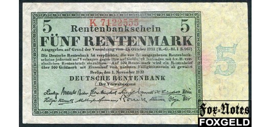 Германия Deutschen Rentenbank 5 Rentenmark 1923  aVF Ro:156b 10000 РУБ