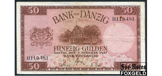 Данциг Bank von Danzig 50 гульденов 1937  aVF Ro:843 / P:65 45000 РУБ