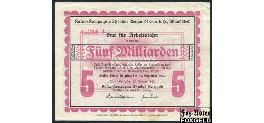 Wandsbek Provinz Schleswig-Holstein 5 Mrd. Mark 1923 Kakao-Kompagnie Theodor Reichardt G. m. b. H. aVF B8:5449.d 2000 РУБ