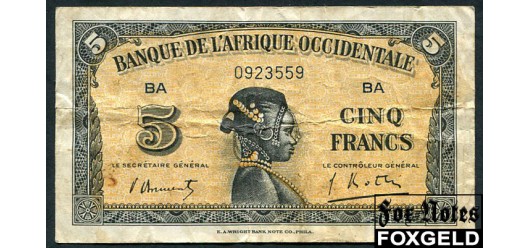 Французская Западная Африка 5 франков 1942 С #. В левой подпс. V узкое. F P:28b 2500 РУБ