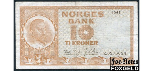 Норвегия Norges Bank 10 крон 1965 Sign. Brofoss Ottesen aF P:31c 700 РУБ