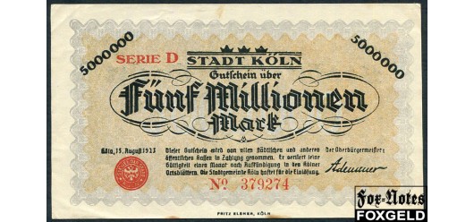 Koln Rheinprovinz 5 Mio. Mark 1923 Wz. Rheinische Wellen XF-aUNC B7:2684.q 550 РУБ