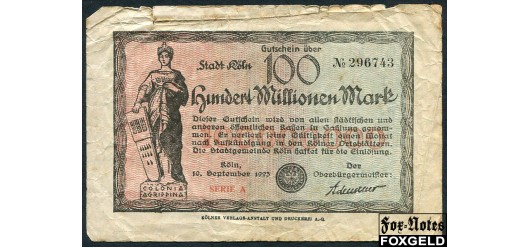 Koln Rheinprovinz 100 Mio. Mark 1923 Wz. Rheinische Wellen VG B7:2684.w 340 РУБ