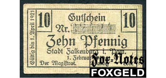 Falkenburg Pommern 10 Pfennig 1919 1. Februar 1919. F В5:F3.6.a 200 РУБ